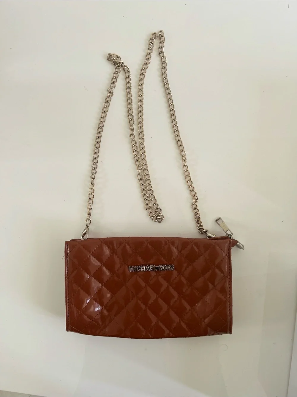 Michael Kors Quilted Patent Leather Crossbody in Chestnut Brown